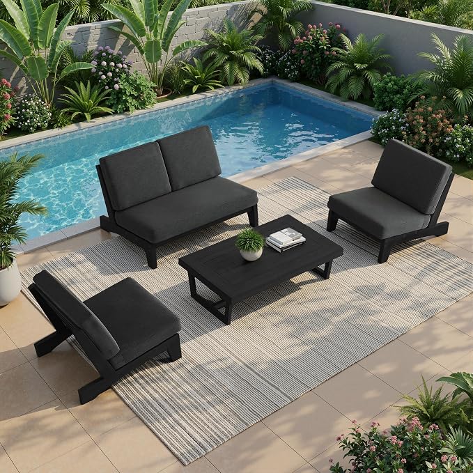 All Weather Patio Furniture Sets, 4 Pieces Black Wood Outdoor Sectional Futniture Patio Sofa Chair Backyard Conversation Set with Solid Wooden Coffee Table - Dark Gray