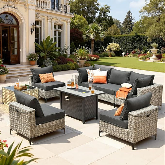 8 Pieces Patio Furniture Set with 42" Fire Pit, All-Weather Rattan Outdoor Sectional Conversation Sets L Shaped Sofas with Solar Light Coffee Table for Porch Balcony Backyard Black
