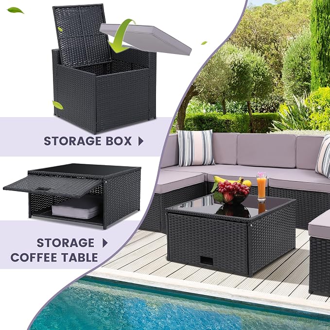 KROFEM 8 Piece Patio Furniture Set, Outdoor Modular Conversation Set,Grey | UV Treated Wickers, Machine Washable Cushions, Seats 6, 2 Hidden Storage Compartments, Rustproof Frame, Waterproof
