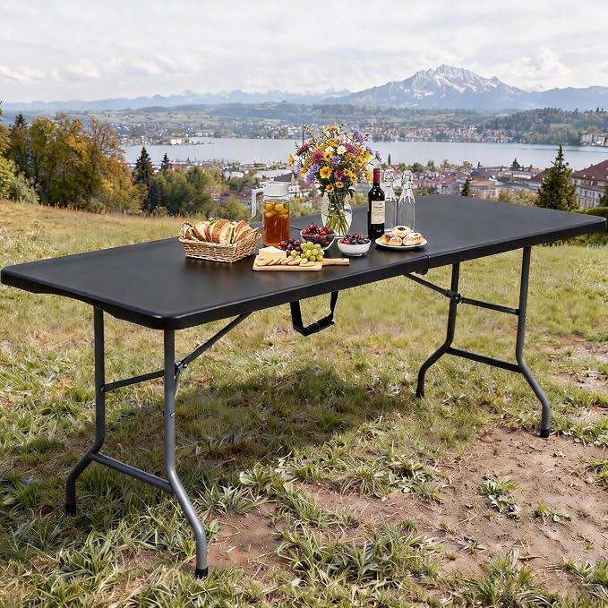 DWVO 6FT Folding Table, Heavy Duty Folding Tables with Carrying Handle, HDPE Fold up Table for Outdoor Camping Picnic Parties, Indoor Events, Black