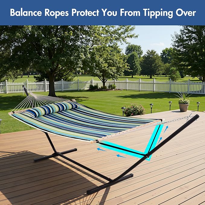 ANOW Double Hammock with Stand 12FT Included, Heavy Duty Hammock with Stand for Outside, 450 LBS Weight Capacity, Green & Blue Stripe