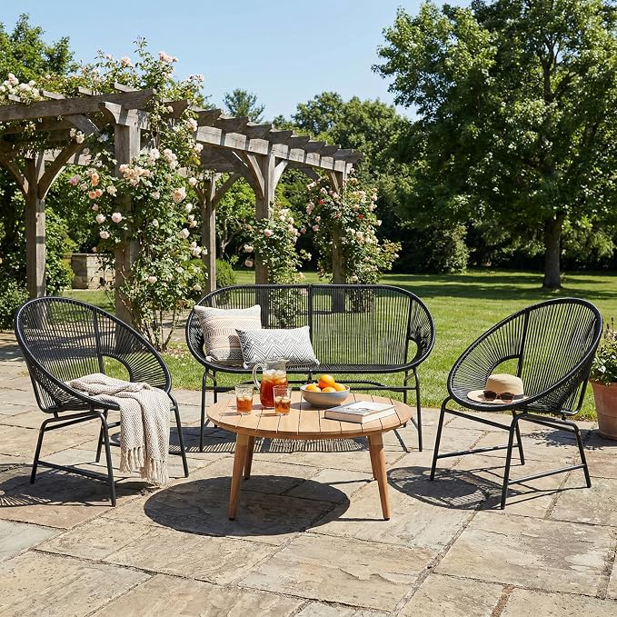 Christopher Knight Home Dessa 4 Piece Patio Furniture Set with Acacia Wood Coffee Table, 4 Seater PE Rattan Outdoor Conversation Set, Metal Outdoor Sectional Sofa Set, Beige+White, Black