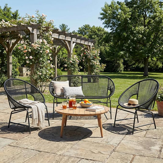 Christopher Knight Home Dessa 4 Piece Patio Furniture Set with Acacia Wood Coffee Table, 4 Seater PE Rattan Outdoor Conversation Set, Metal Outdoor Sectional Sofa Set, Beige+White, Black
