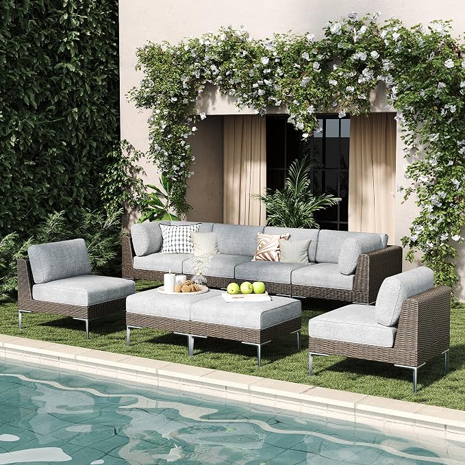 LayinSun 8-Piece Wicker Rattan Patio Furniture Set, Deep Seating Outdoor Modular Sectional Sofa Conversation Set with Thick Cushions for Lawn, Garden