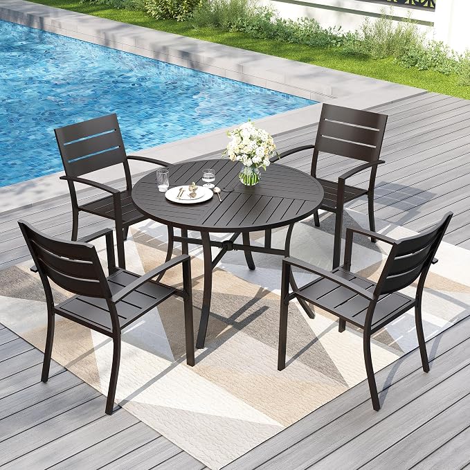 PHI VILLA Patio Dining Set for 4, Stackable Chairs& Round Metal Table | 42" Black Table&Stackable Wrought Iron Chairs,Outside Furniture Set for Deck, Porch, Backyard