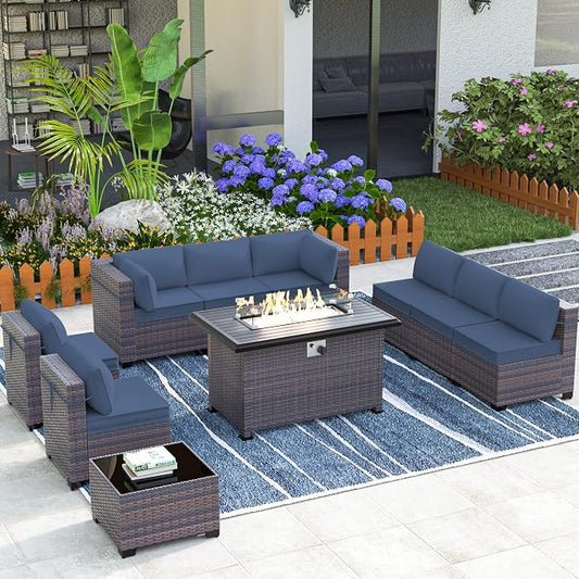 Outdoor Patio Furniture Set with Gas Fire Pit Table, 10 Pieces Outdoor Furniture Set Patio Sectional Sofa w/43in Propane Fire Pit, PE Wicker Rattan Patio Conversation Sets (Dark Blue)