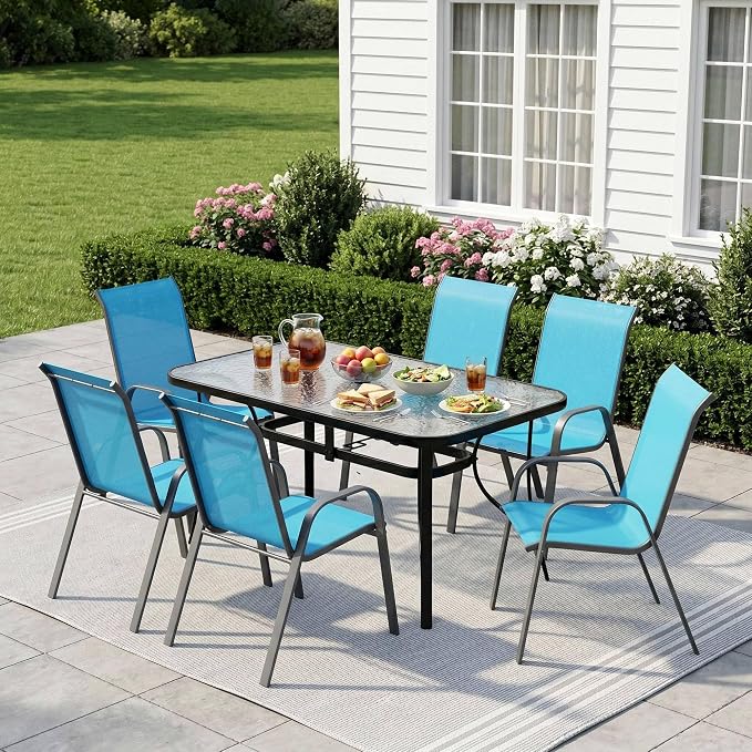 Arlopu 7-Piece Outdoor Table and Chairs for 6, Outdoor Dining Set W/Rectangle Glass Table and Patio Textilene Stackable Chairs, Patio Furniture Set W/Umbrella Hole (Black Table & Sky Blue Chair)