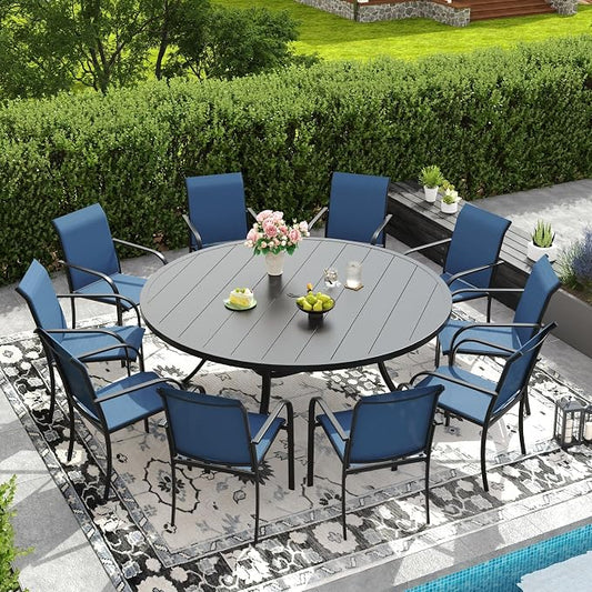 DIFY Patio Dining Set for 10, 11 Piece Outdoor Table and Chairs Set, 63" Black Round Metal Patio Dining Table and Blue Textilene Stackable Patio Chairs, for Backyard Garden Poolside