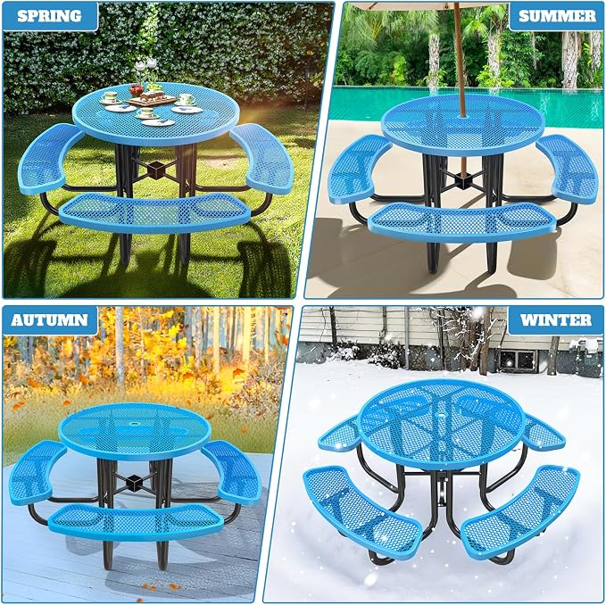 Heavy Duty Picnic Table with Umbrella Hole, Expanded Meta Outdoor Metal Patio Dining Table & Outdoor Bench Set, Steel Mesh Dining Furniture for Garden, Lawn, Patio (47 INCH Blue Circle Table)