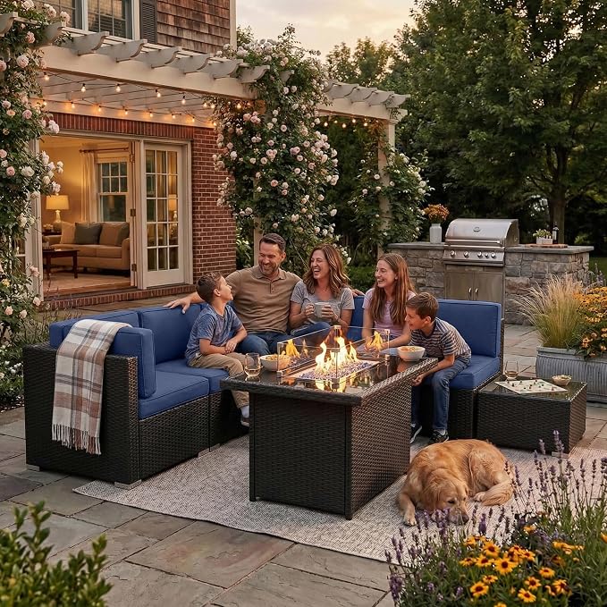 15 Pieces Patio Furniture Set with 44" Propane Gas Fire Pit Table, Outdoor Sectional Wicker Conversation Sofa Sets with Coffee Table