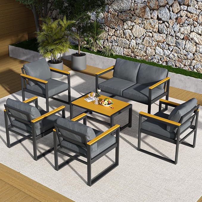 Pamapic 6 Pieces Outdoor Patio Furniture Set, Modern Metal Balcony Furniture with Plastic-Wood Coffee Table, All-Weather Patio Conversation Set with Thick Cushion for Balcony, Porch, Gray