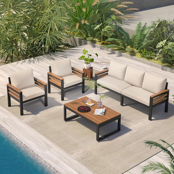 4-Piece Outdoor Furniture Sofa Set for 5 People with Acacia Wood Armrests, Patio Conversation Set with Removable Cushion and Solid Wood Coffee Table for Garden (Beige#46)
