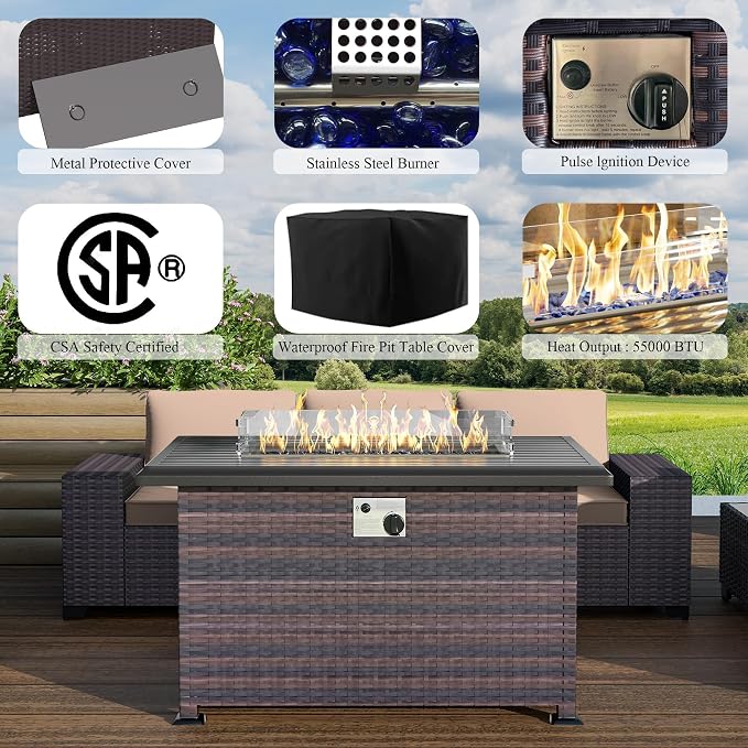 10 PCS Outdoor Patio Furniture Set,Outdoor Sectional Furniture with 43" 55000 BTU Gas Propane Fire Pit Table,All Weather PE Rattan Wicker Patio Conversation Set,Swivel Rocking Chairs Set,Sand