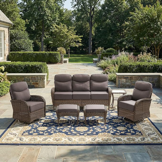 Luxury Patio Furniture Set with 6-inch Thick Cushions, Outdoor Furniture Set with High Back Swivel Chairs, 6 PCS Wicker Outdoor Conversation Set for Porch, Patio, Yard, Deck, Poolside, Brown/Grey