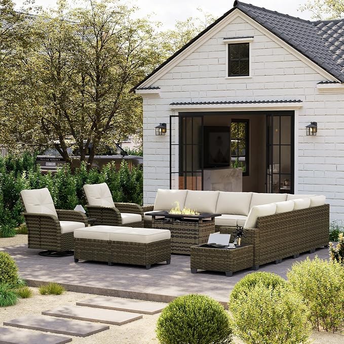 LET'S PATIO Luxury Patio Furniture Set with Fire Pit Table, 15 Piece Outdoor Furniture Set with Swivel Rocker Chairs & Ottomans, All-Weather Patio Sectional Sofas with Thickened Cushions, Beige