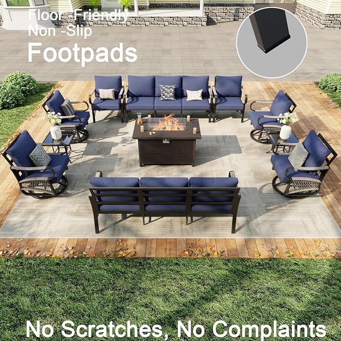 11 Pieces Patio Furniture Set, Metal Outdoor Conversation Sets with Fire Pit Table and Swivel Chairs for Backyard Garden Deck Porch Poolside (Thick Blue Cushions)