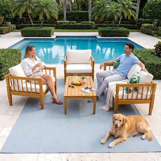 4 Piece Patio Furniture Set, Acacia Wood Modern Outdoor Conversation Set with Thick Removable Washable Cushions, All Weather Wooden Patio Seating Set for Poolside, Backyard, Balcony & Front Porch