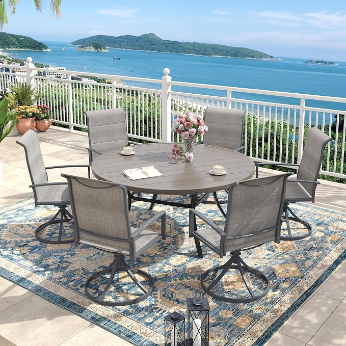 Outdoor Dining Set for 6, 50" Outdoor Dining Table with Umbrella Hole and Padded Textilene Patio Swivel Chairs, 7 Pieces Patio Table and Chairs Set for Garden Backyard, Grey
