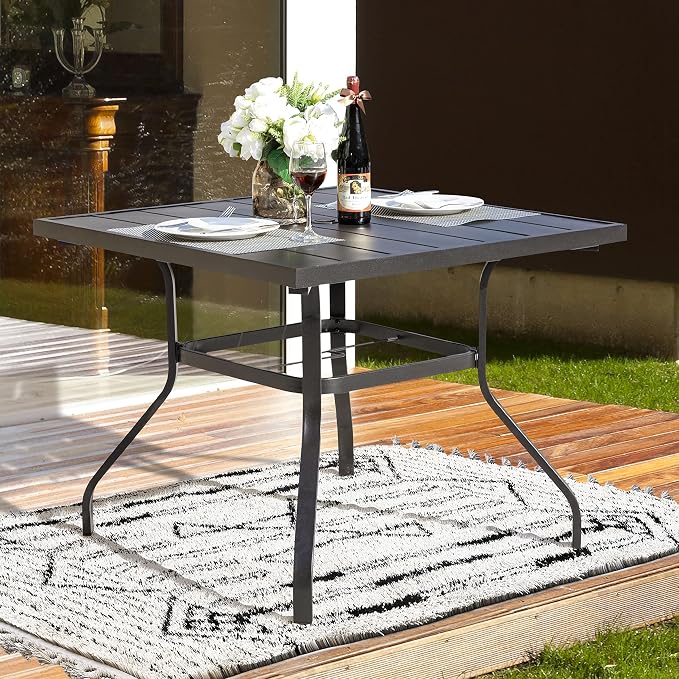 NUU GARDEN Outdoor Patio Dining Table, 4-Person Steel Slat Square Table, Modern Black Backyard Bistro Table with Umbrella Hole