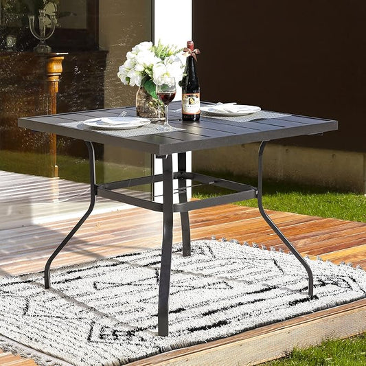 NUU GARDEN Outdoor Patio Dining Table, 4-Person Steel Slat Square Table, Modern Black Backyard Bistro Table with Umbrella Hole