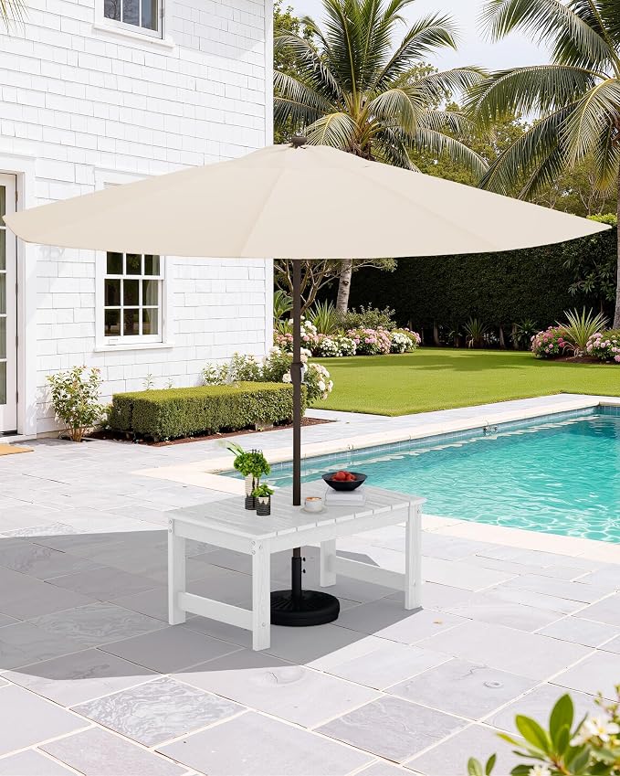 SERWALL Outdoor Coffee Table with 9FT Umbrella, HDPE Patio Coffee Table for Outside, Rectangle, White(Not Include Umbrella Base)