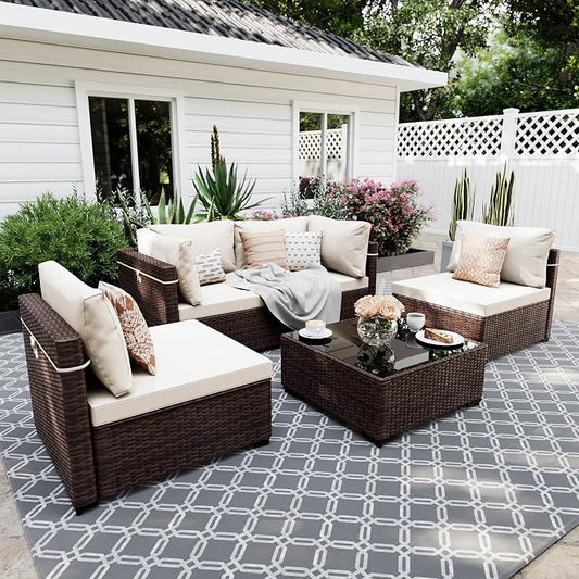 UPHA 5 Pieces Patio Furniture Sets, Wicker Outdoor Sectional Sofa Couch with Coffee Table, Patio Conversation Set for Deck Backyard Garden, Brown Rattan, White Cushion