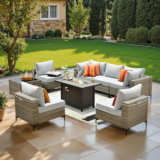 8 Pcs Patio Furniture with Fire Pit Table, Outdoor Rattan Wicker Conversation Set with Glowing Coffee Table, Comfy Sectional Sofa for Porch Balcony Backyard Pool, Light Grey