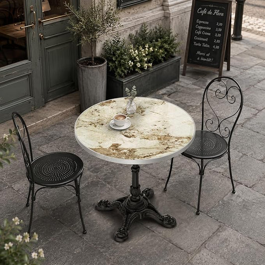 31.5" Outdoor Dining Table, Square Bistro Table w/Sintered Stone Tabletop | and Cast Iron Base, Weather Resistant Small Bistro Table for 2-4 for Outdoor Garden Café Use (Cream Taupe Marble)