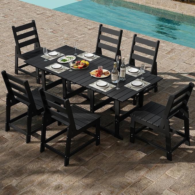 GREENVINES 7-Piece-Outdoor-Table-and-Chairs | HDPE | Patio Furniture | Dining Sets for 6 | Armless Chair | All Weather | Connectable Tables | for Backyard Poolside Garden | Black
