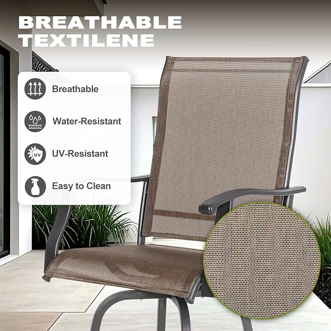 NUU GARDEN 5 Piece Outdoor Swivel Bar Set, All Weather Patio High Bar Stool Bistro Set with Textilene Height Back Bar Chairs and Slatted Metal Bar Table with Umbrella Hole, Black and Brown