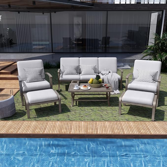 HAPPATIO 6 Piece Aluminum Patio Furniture Set, 3-Seat Outdoor Couch with Ottomans and Armchairs, All-Weather Outdoor Sectional Sofa with Comfortable Cushions and Coffee Table(Gray)
