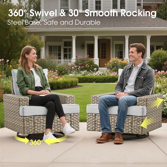 Wicker Patio Furniture Set with Swivel Chairs,9 Pieces Outdoor Sectional with Ottoman Glowing Coffee Table,Out Door Furniture Conversation Set,Light Grey