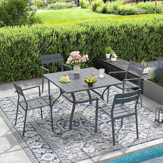 DIFY 5 Piece Outdoor Patio Dining Set for 4, Patio Table and Chairs Set with Umbrella Hole, 37.8" Square Dining Table and Stackable Metal Chairs for Backyard Garden Poolside, Grey