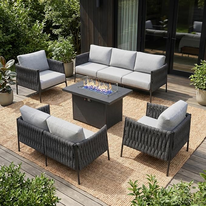 LayinSun 5 Piece Outdoor Furniture Set with Fire Pit Table, Modern Rope Woven Patio Conversation Sofa Set with Olefin Braid and Deep Seating