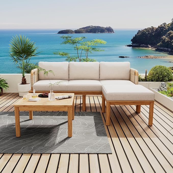 Merax Outdoor 3-Piece Acacia Wood & Rope Patio Sofa Set with Ottoman and Table, Water-Repellent Cushions, for Garden & Patio