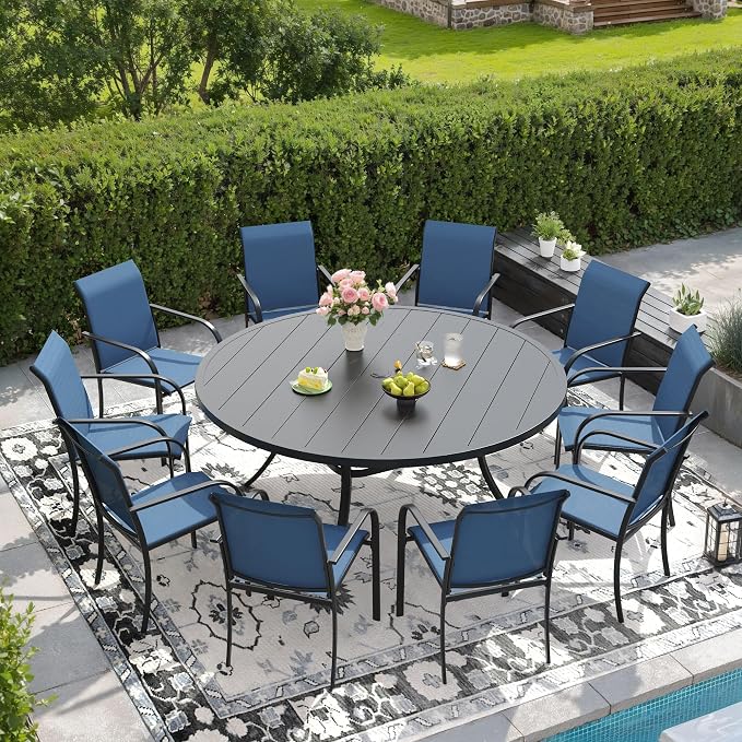 DIFY 11 Pieces Outdoor Patio Dining Set for 10, 60" Black Round Metal Dining Table and 10 Blue Stackable Sling Dining Chairs, Outdoor Table and Chairs for Lawn Garden Backyard Deck