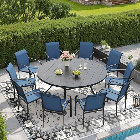 DIFY 11 Pieces Outdoor Patio Dining Set for 10, 60" Black Round Metal Dining Table and 10 Blue Stackable Sling Dining Chairs, Outdoor Table and Chairs for Lawn Garden Backyard Deck