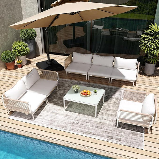 7-Piece Modern Outdoor Sectional Sofa with Coffee Table - 31" Deep Seating Patio Conversation Set, Weather-Resistant Low-Profile 11" Seat Height Lounge Seats for Deck, Porch & Backyard, Beige