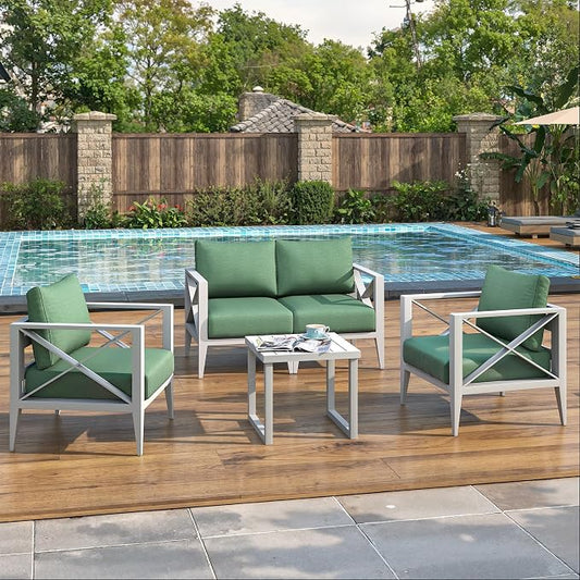 4 Piece Aluminum Patio Furniture Set, Modern Outdoor Patio Conversation Sets with Ergonomic Armhairs and Loveseat, 6" Thick Washable Cushions for Balcony, Porch, Backyard,Brown