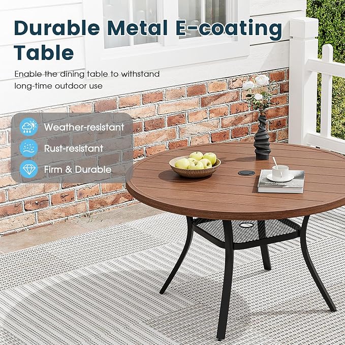 5 Pieces Patio Dining Set, 41" Round Dining Table with Umbrella Hole, 4 Stackable Textilene Fabric Chairs, Metal Structure for Patio, Porch, Garden(Walnut Table, Brown Chair)