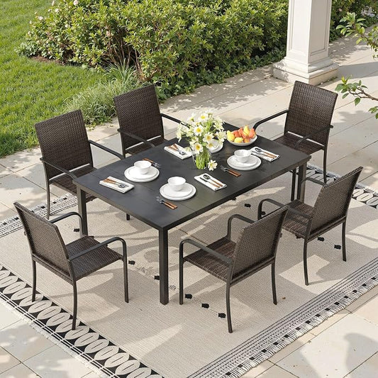 Outdoor Dining Set for 6, 63" Metal Rectangular Outdoor Dining Table with Umbrella Hole and Wicker Stackable Patio Chairs, 7 Pieces Patio Table and Chairs Set for Garden Backyard, Black