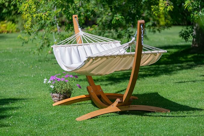 LA SIESTA® Chillounge Hammock with Spreader Bar & Wood Stand, Weatherproof Outdoor Hammock with Stand for Outside Patio Backyard, Wooden Hammock Stand, Heavy Duty Hammock and Stand -Max 265 Lbs, Beach