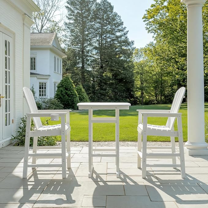 3-Piece HDPE Bar Height Table and Chairs Set, 42.1" Square High Top Pub Table with Umbrella Hole, 2 Adirondack Charis with Cup Holders, Outdoor Patio Dining Set for Bistro Backyard Deck White