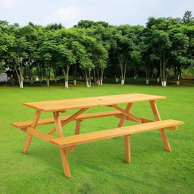 Wood Outdoor Picnic Table,8 Person Rectangular Patio Table Dining Table w/2 Built-in Benches,Umbrella Hole,Outdoor Camping Dining Table with 2 Seats for Garden, Backyard,2220lb Capacity,Natural