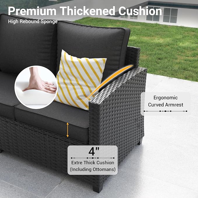 Patio Furniture Set, 6 Pcs Patio Outdoor Sectional, Wicker Outdoor Couch with Swivel Chair, Ottomans, Side Table, 4" Thick Cushion, for Garden Backyard Deck.Black