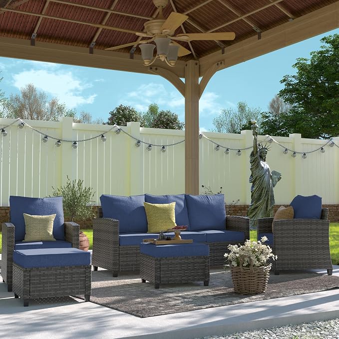 UDPATIO Patio Furniture Set, 5 Pieces Outdoor Sectional Sofa Set, All-Weather Wicker Rattan High Back Outdoor Conversation Set with Ottoman for Poolside, Backyard, Grey Wicker Navy Blue Cushion