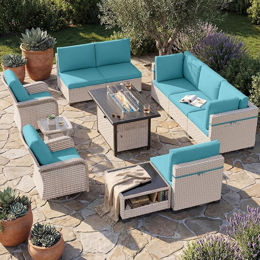 Patio Furniture Set, 11-Piece Outdoor Sectional Sofa with Swivel Rocker Chairs & Fire Pit Table, Wicker Patio Conversation Set with Coffee Table, Cyan Cushions