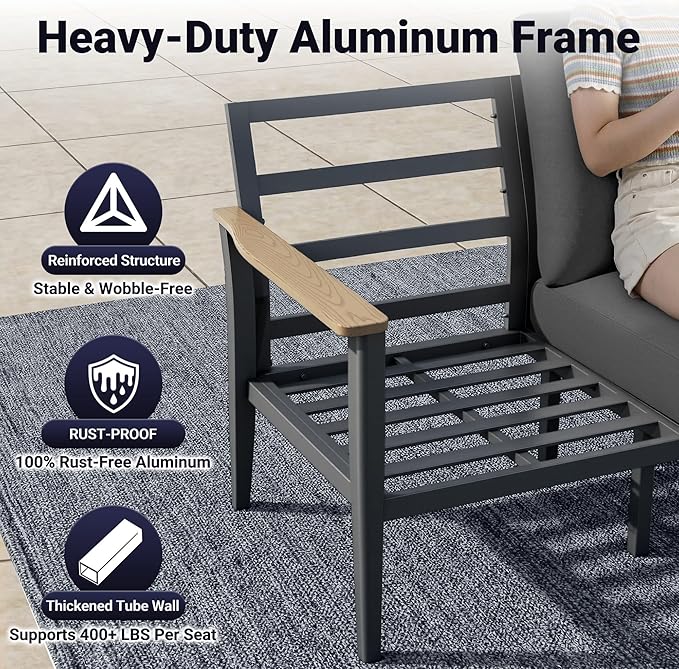 Aluminum Outdoor Patio Furniture Set, 5-Piece Outdoor Sofa with 5.1" Thick Cushions, Swivel Rocking Chairs, 55,000 BTU Propane Fire Pit Table, Outdoor Couch for Backyard, Balcony, Black