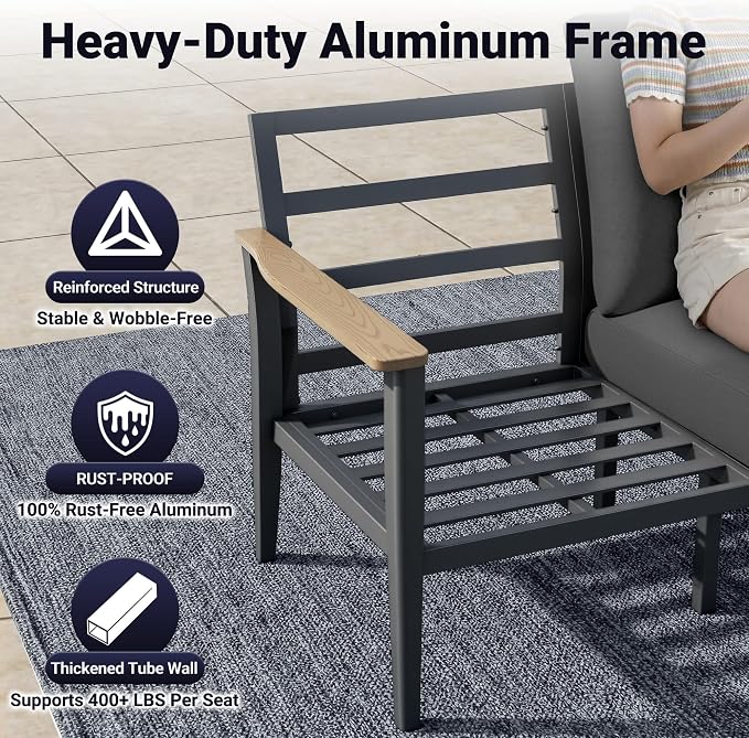 Aluminum Swivel Rocking Chairs, 3-Piece Outdoor Patio Furniture Set with Side Table, Rust-Proof Metal Gliders with Wood-Like Armrests & 5.1" Thick Cushions for Backyard, Porch, Black