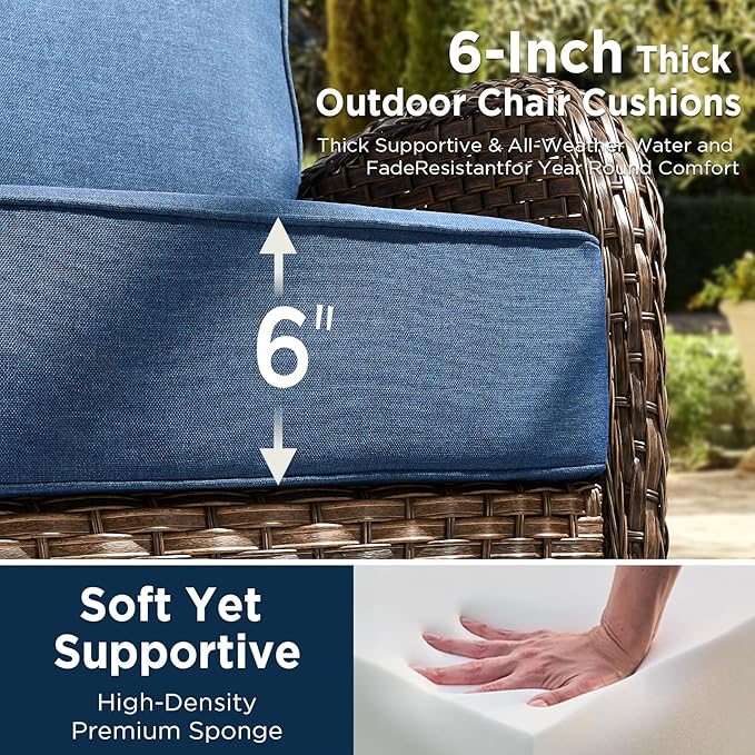 Luxury Patio Furniture Set with 42.5" Fire Pit Table, 6-Inch Thick Cushions Wicker Outdoor Furniture with Wicker Swivel Patio Chairs Set of 2, Patio Conversation Set for Deck Garden Porch, Blue
